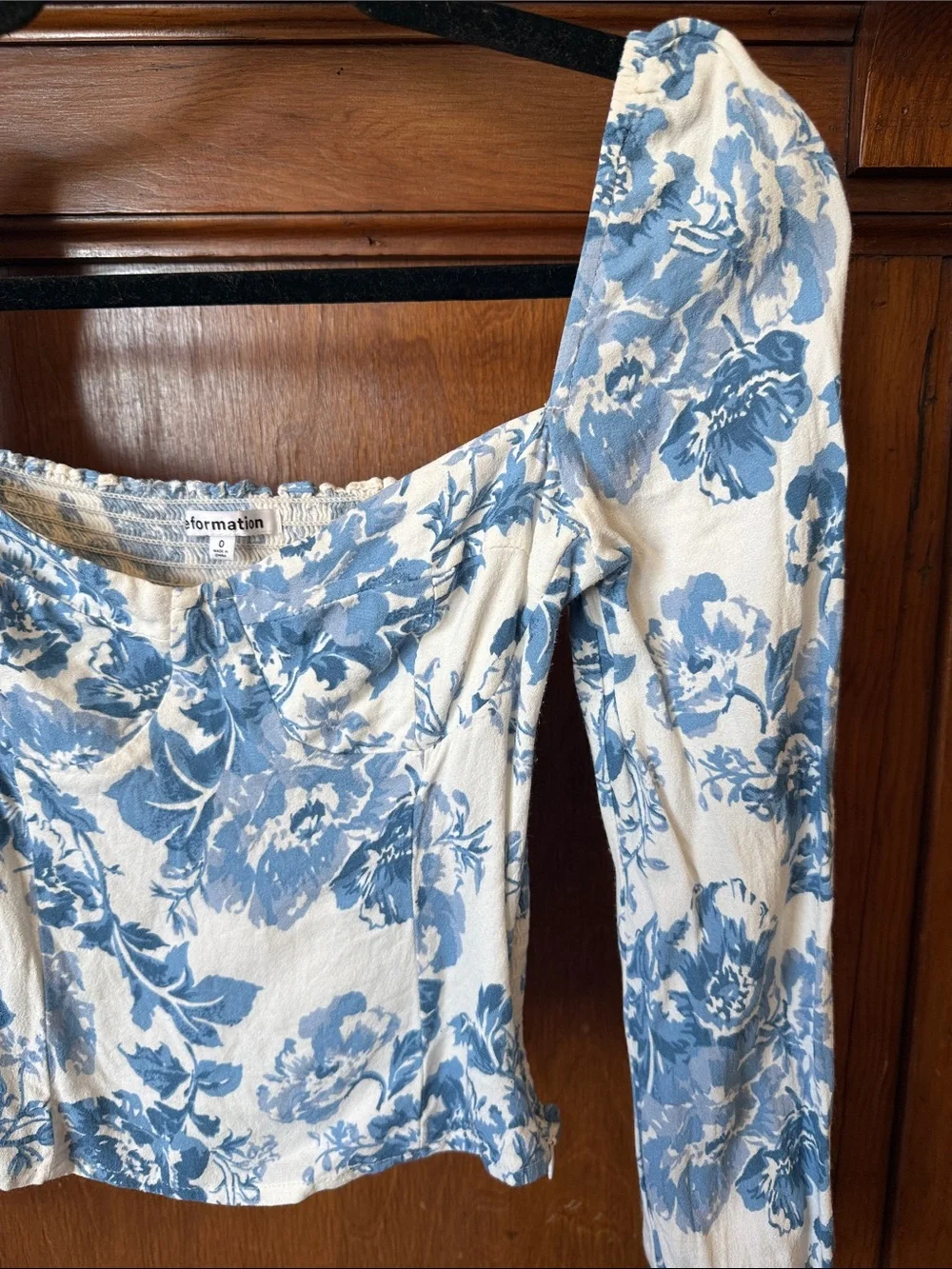 Reformation Cream and Blue Floral Puff-Sleeve Square Neck Top
